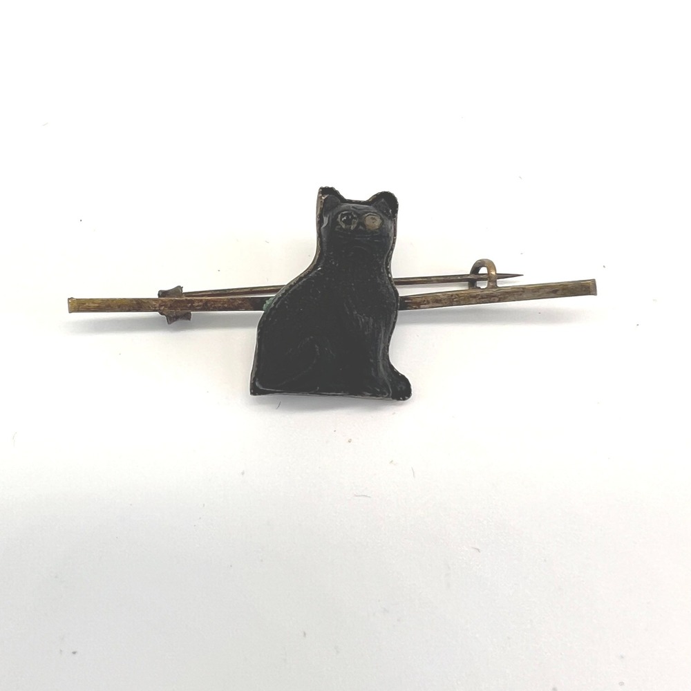 Antique 1900s Whitby Jet Black Cat Kitty Pin England Vintage Rare Brooch Goth